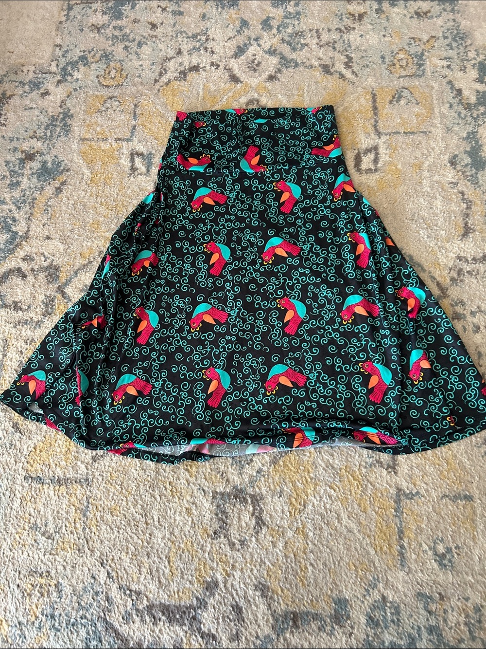 LuLaRoe Black A-Line Skirt with Pink, Teal and Orange Bird Print